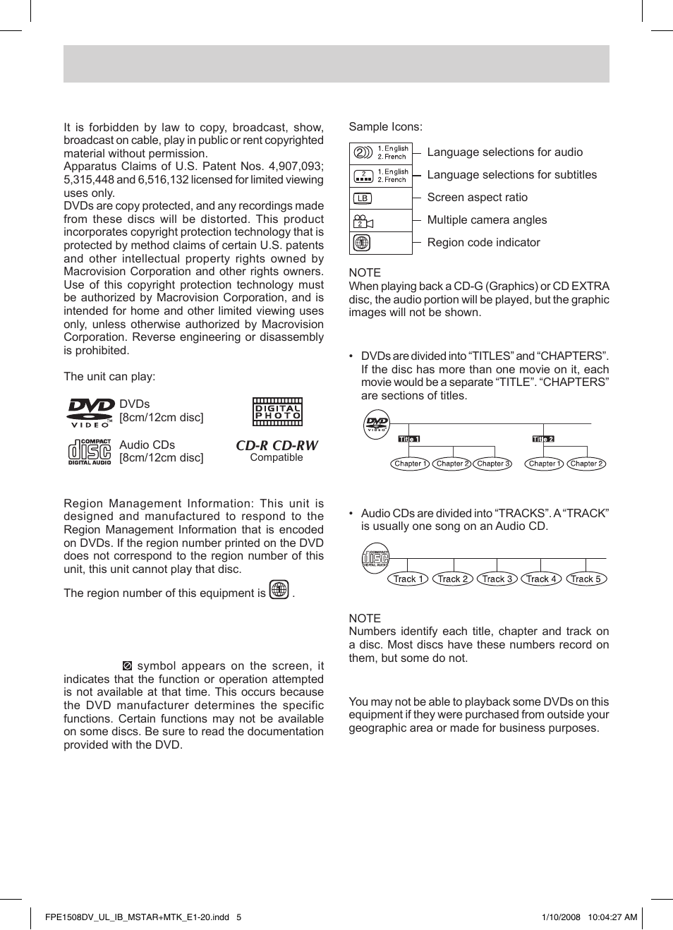 Disc formats, Region management information, Disc function or operation that is not available | Icons used on dvds, Titles, chapters and tracks | Audiovox FPE1508DV User Manual | Page 6 / 28