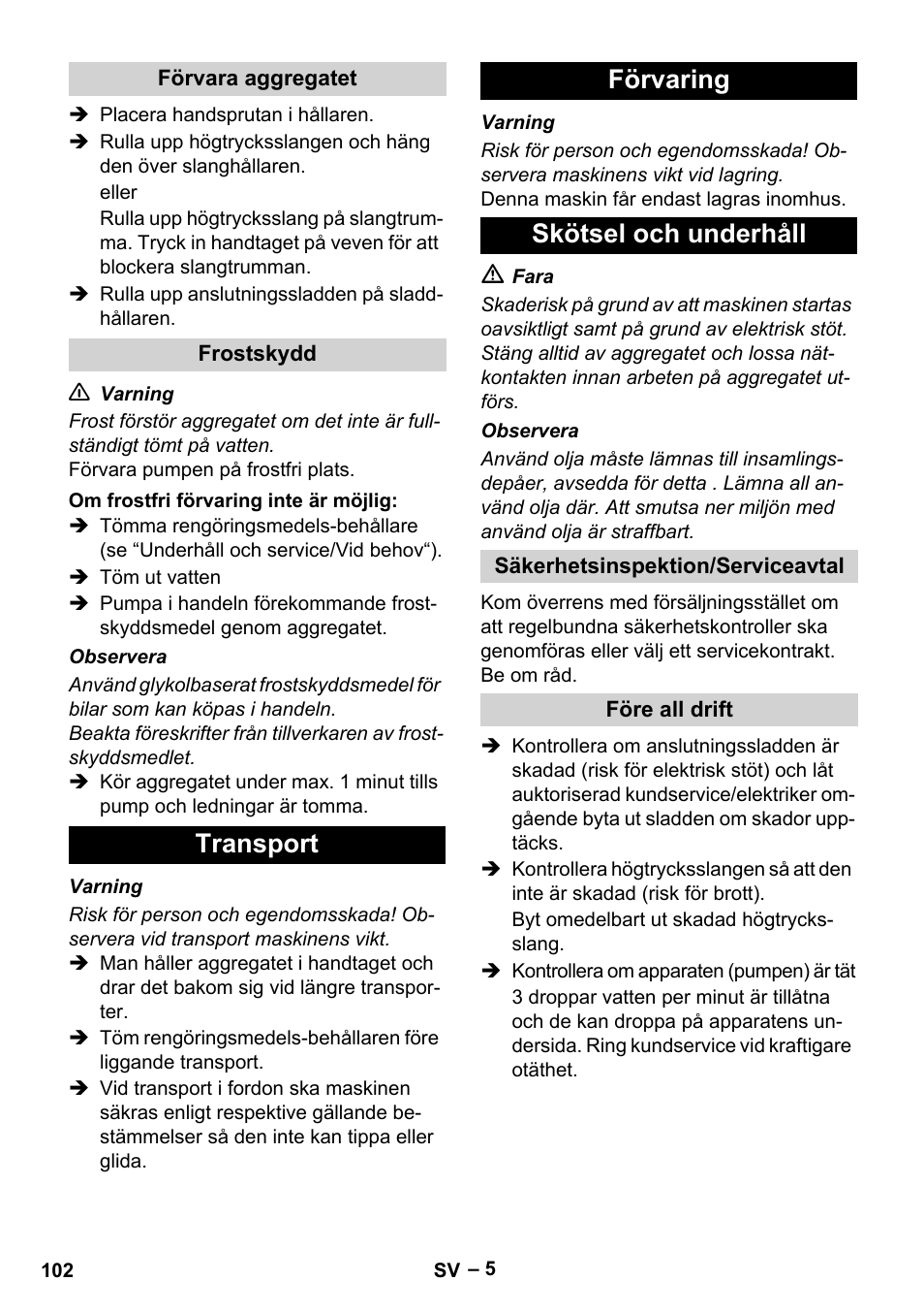 Transport förvaring skötsel och underhåll | Karcher HD 10-21 4 SX Plus User Manual | Page 102 / 260