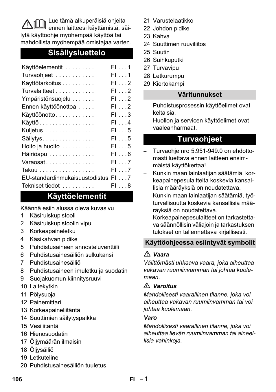 Suomi, Sisällysluettelo, Käyttöelementit | Turvaohjeet | Karcher HD 10-21 4 SX Plus User Manual | Page 106 / 260