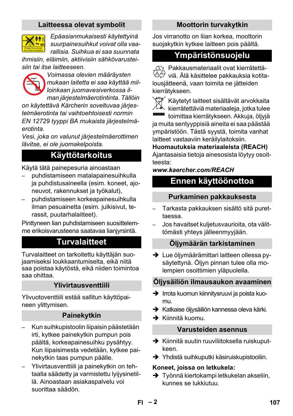 Käyttötarkoitus turvalaitteet, Ympäristönsuojelu ennen käyttöönottoa | Karcher HD 10-21 4 SX Plus User Manual | Page 107 / 260