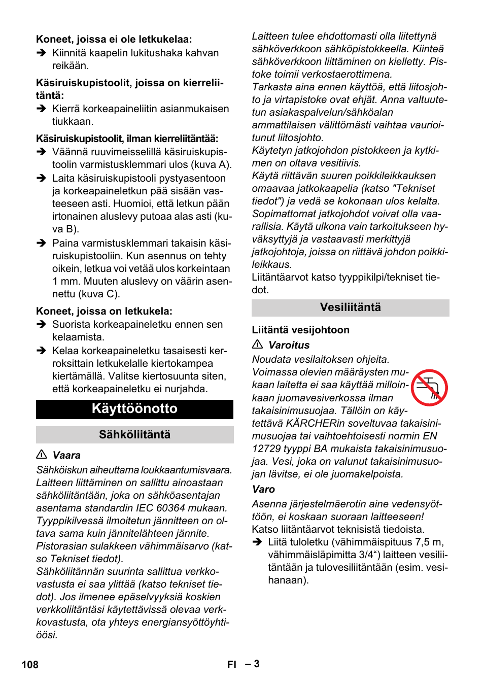 Käyttöönotto | Karcher HD 10-21 4 SX Plus User Manual | Page 108 / 260