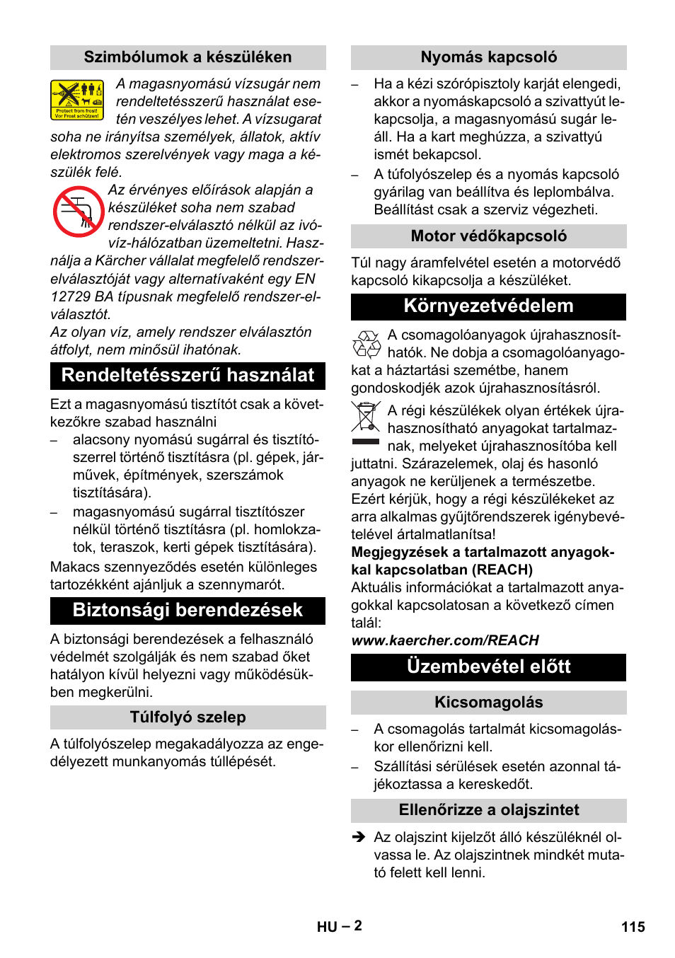 Rendeltetésszerű használat biztonsági berendezések, Környezetvédelem üzembevétel előtt | Karcher HD 10-21 4 SX Plus User Manual | Page 115 / 260