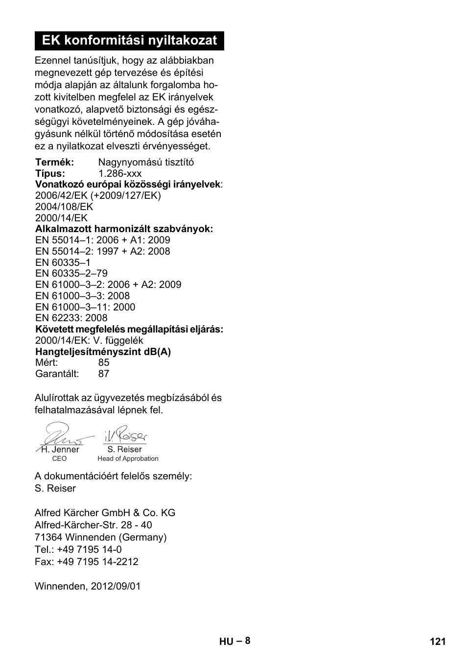 Ek konformitási nyiltakozat | Karcher HD 10-21 4 SX Plus User Manual | Page 121 / 260