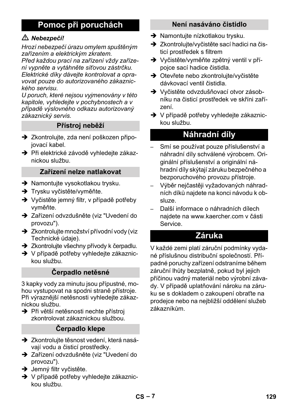 Pomoc při poruchách, Náhradní díly záruka | Karcher HD 10-21 4 SX Plus User Manual | Page 129 / 260