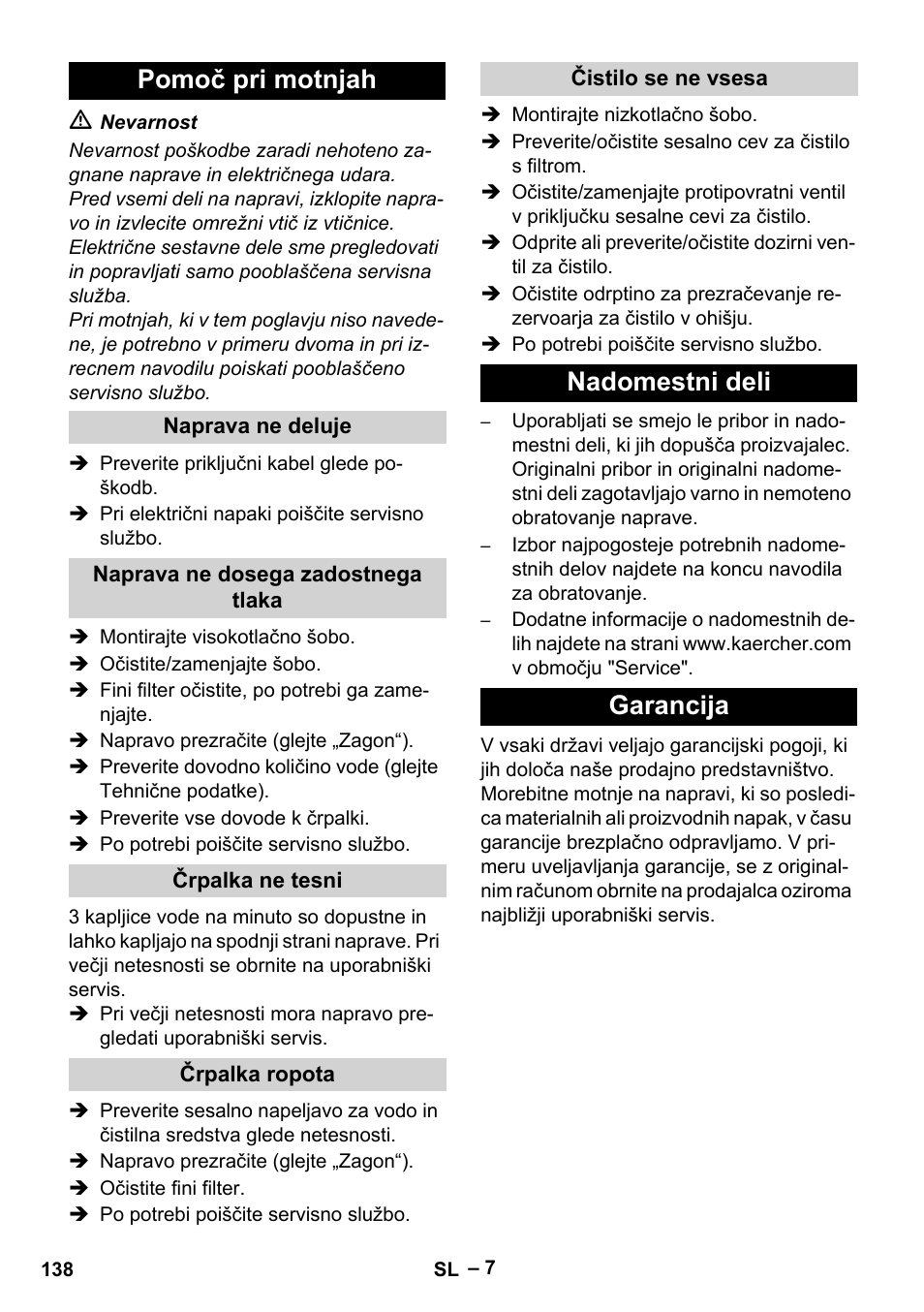 Pomoč pri motnjah, Nadomestni deli garancija | Karcher HD 10-21 4 SX Plus User Manual | Page 138 / 260