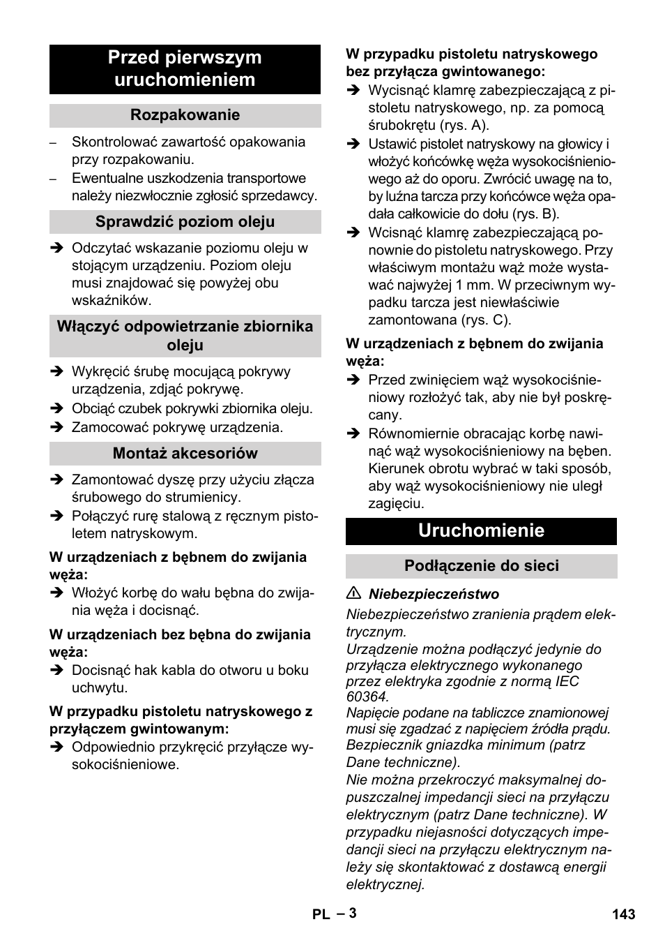 Przed pierwszym uruchomieniem, Uruchomienie | Karcher HD 10-21 4 SX Plus User Manual | Page 143 / 260
