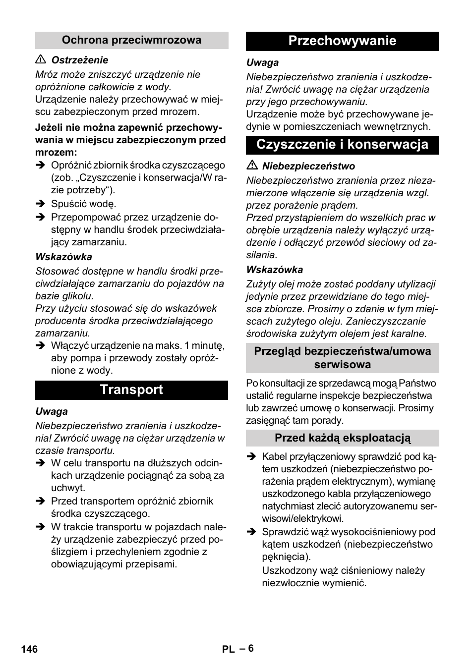 Transport przechowywanie czyszczenie i konserwacja | Karcher HD 10-21 4 SX Plus User Manual | Page 146 / 260