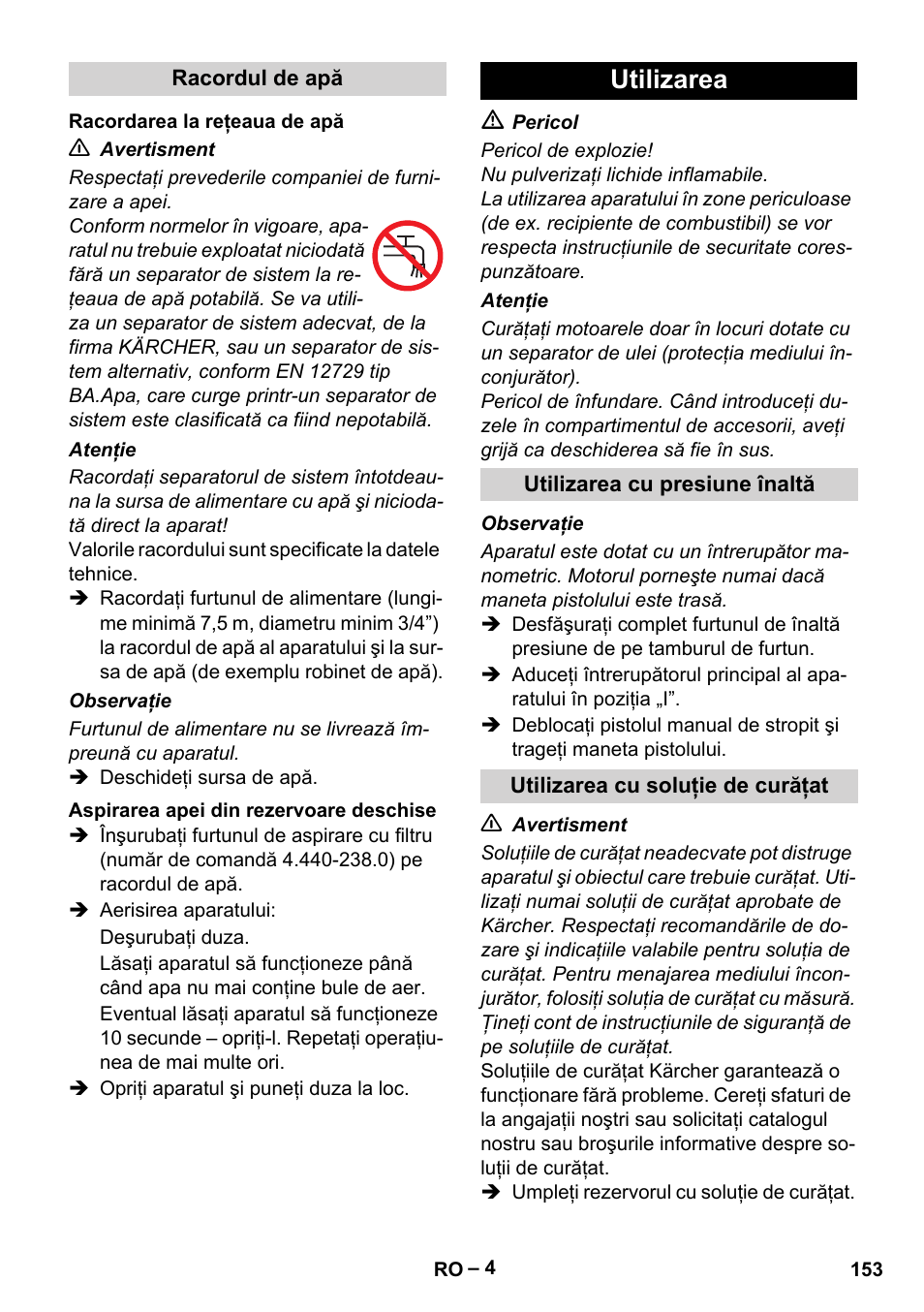 Utilizarea | Karcher HD 10-21 4 SX Plus User Manual | Page 153 / 260