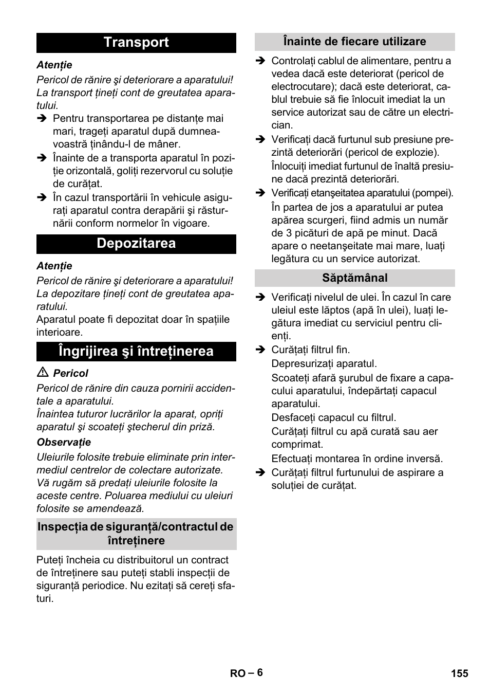 Transport depozitarea îngrijirea şi întreţinerea | Karcher HD 10-21 4 SX Plus User Manual | Page 155 / 260