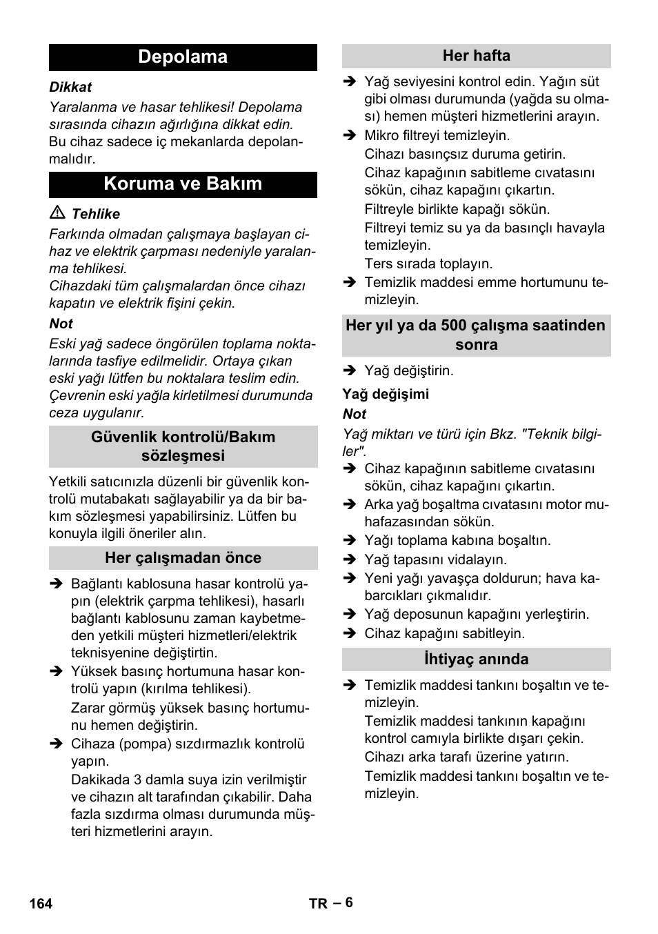 Depolama koruma ve bakım | Karcher HD 10-21 4 SX Plus User Manual | Page 164 / 260