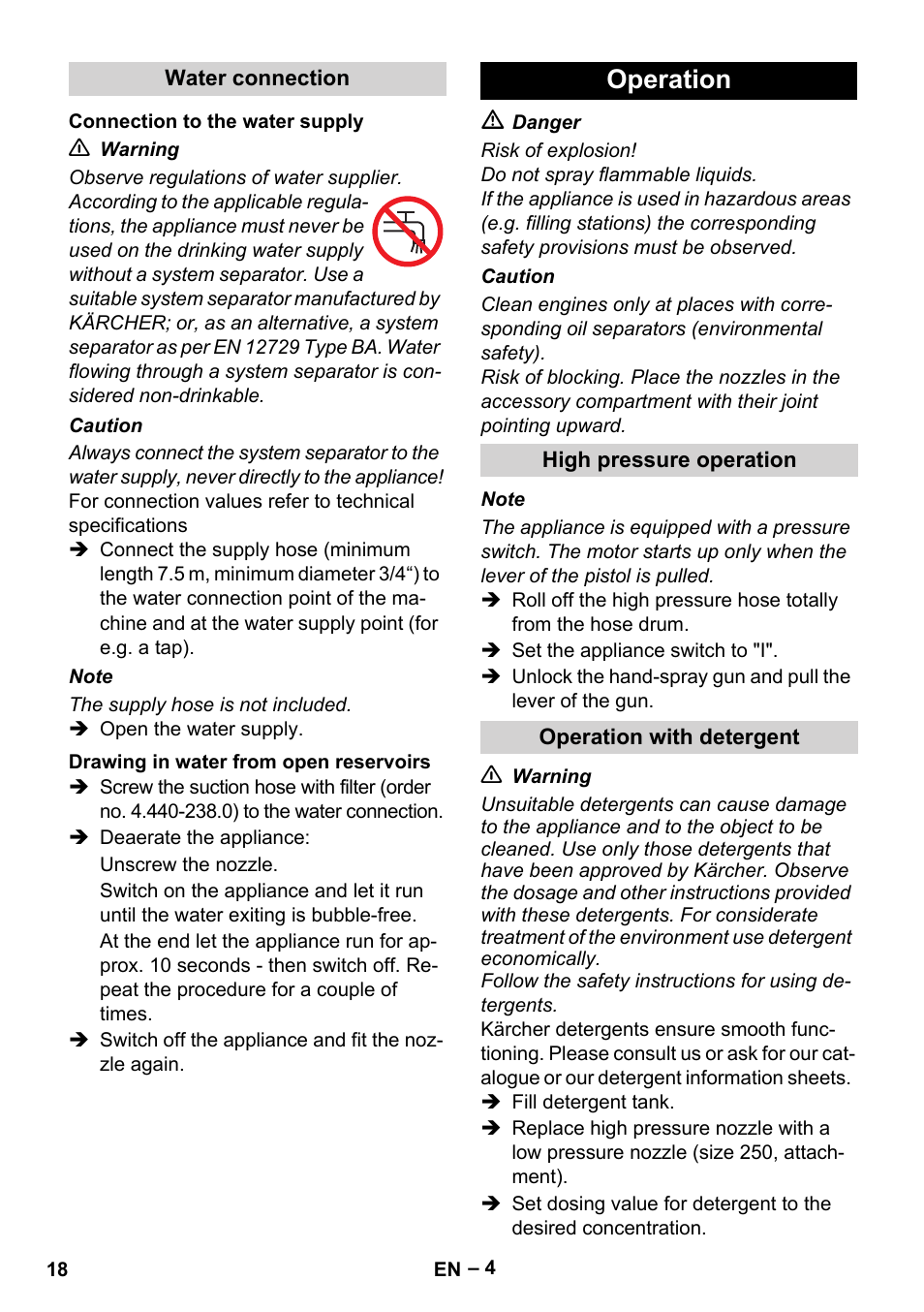 Operation | Karcher HD 10-21 4 SX Plus User Manual | Page 18 / 260