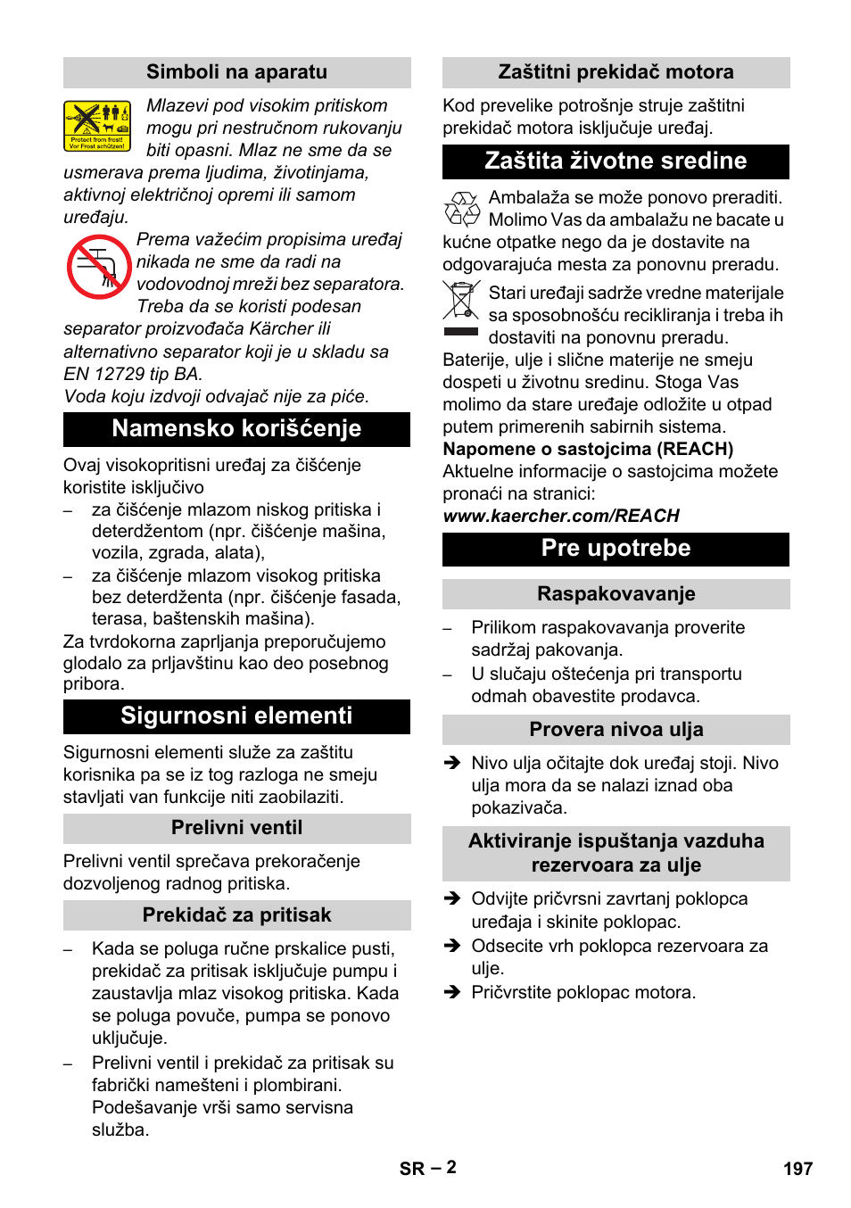 Namensko korišćenje sigurnosni elementi, Zaštita životne sredine pre upotrebe | Karcher HD 10-21 4 SX Plus User Manual | Page 197 / 260