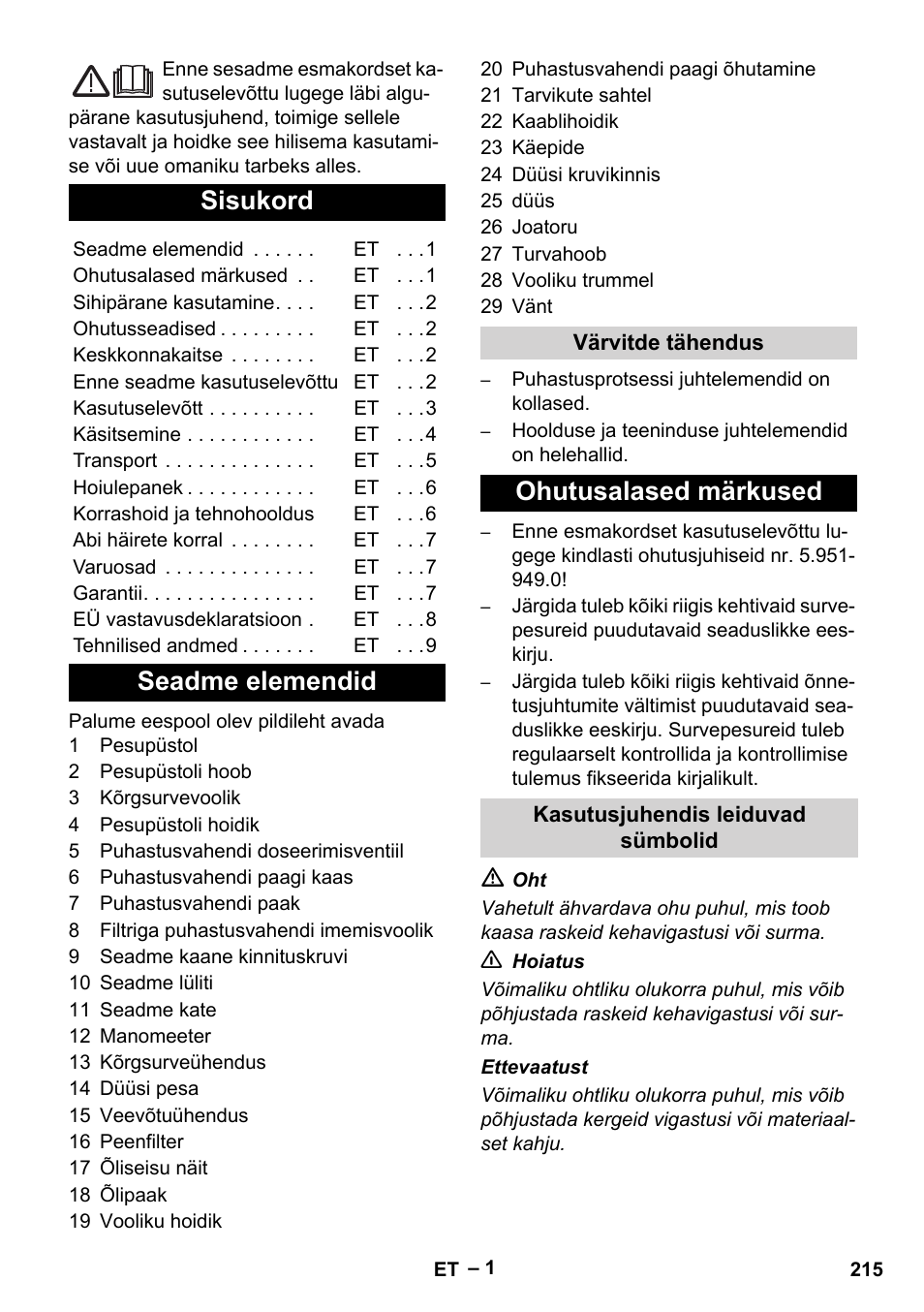 Eesti, Sisukord, Seadme elemendid | Ohutusalased märkused | Karcher HD 10-21 4 SX Plus User Manual | Page 215 / 260