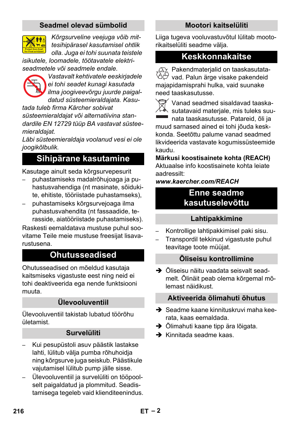 Sihipärane kasutamine ohutusseadised, Keskkonnakaitse enne seadme kasutuselevõttu | Karcher HD 10-21 4 SX Plus User Manual | Page 216 / 260