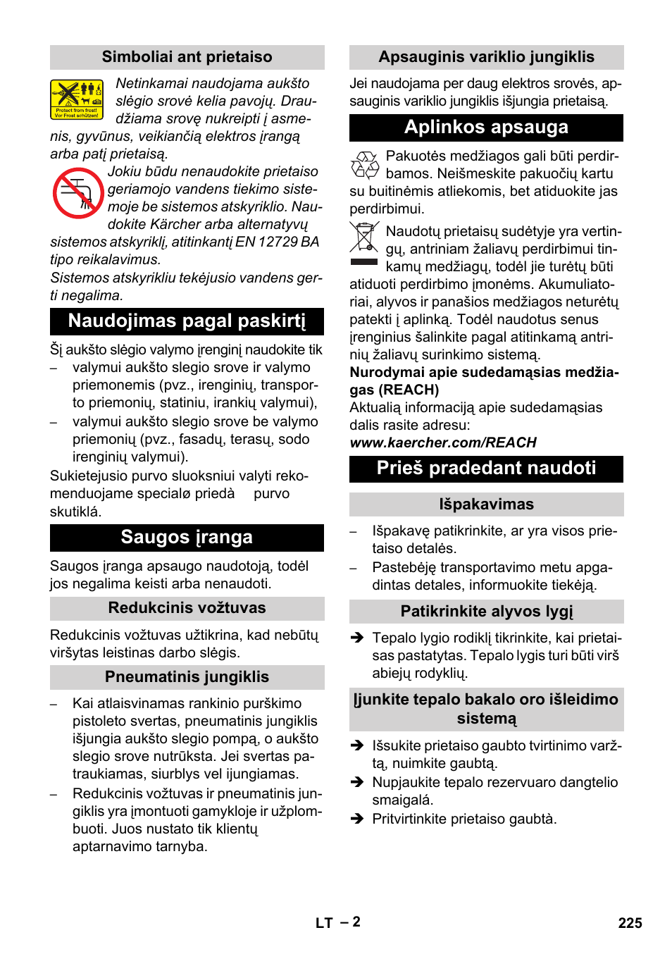 Naudojimas pagal paskirtį saugos įranga, Aplinkos apsauga prieš pradedant naudoti | Karcher HD 10-21 4 SX Plus User Manual | Page 225 / 260