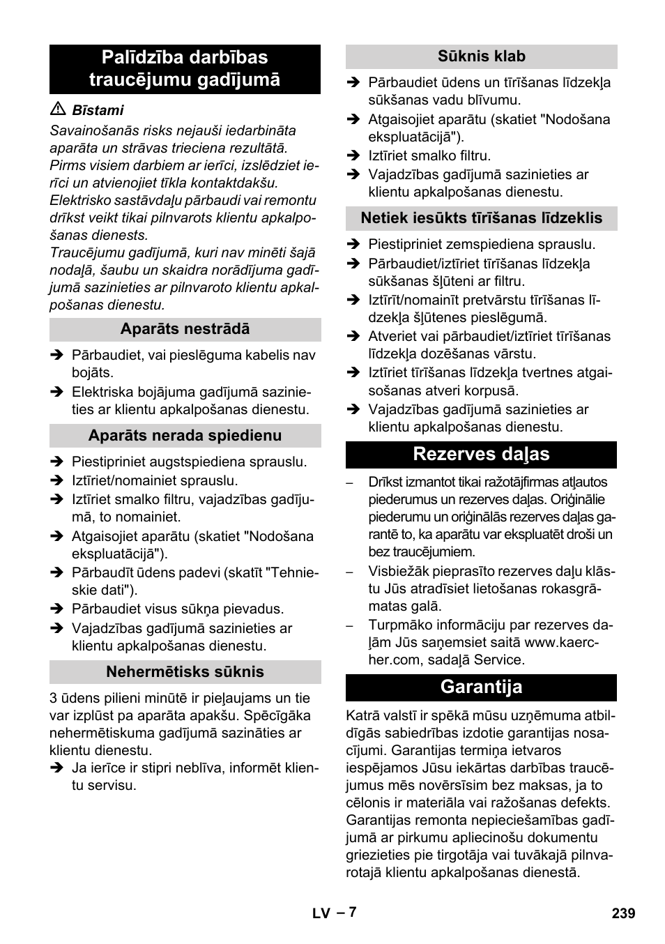 Palīdzība darbības traucējumu gadījumā, Rezerves daļas garantija | Karcher HD 10-21 4 SX Plus User Manual | Page 239 / 260