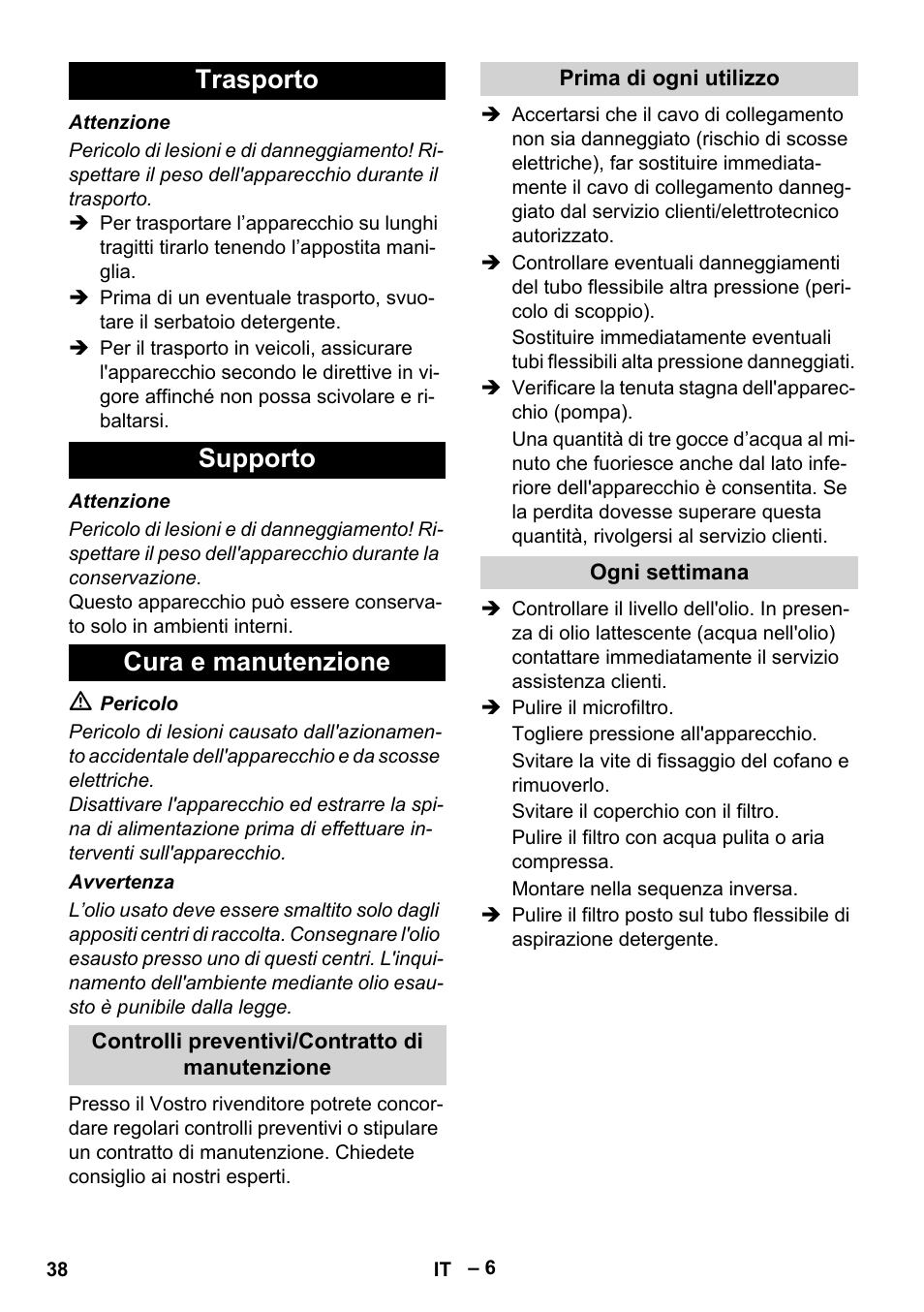 Trasporto supporto cura e manutenzione | Karcher HD 10-21 4 SX Plus User Manual | Page 38 / 260