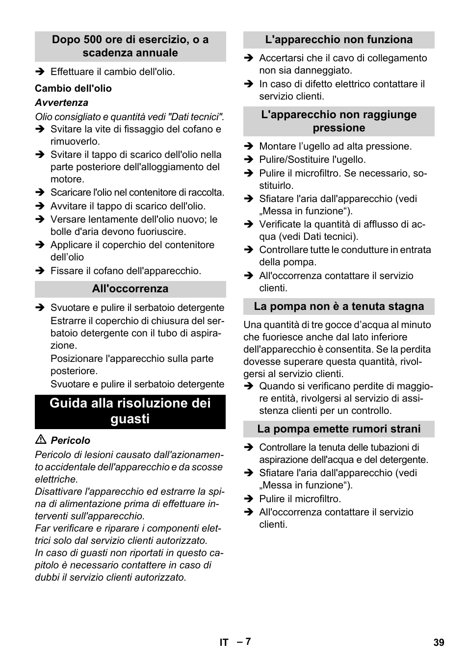 Guida alla risoluzione dei guasti | Karcher HD 10-21 4 SX Plus User Manual | Page 39 / 260