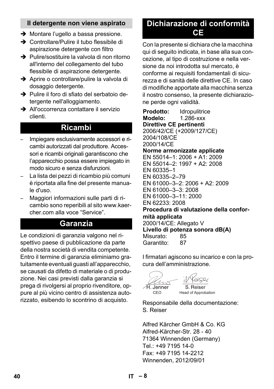 Ricambi garanzia dichiarazione di conformità ce | Karcher HD 10-21 4 SX Plus User Manual | Page 40 / 260