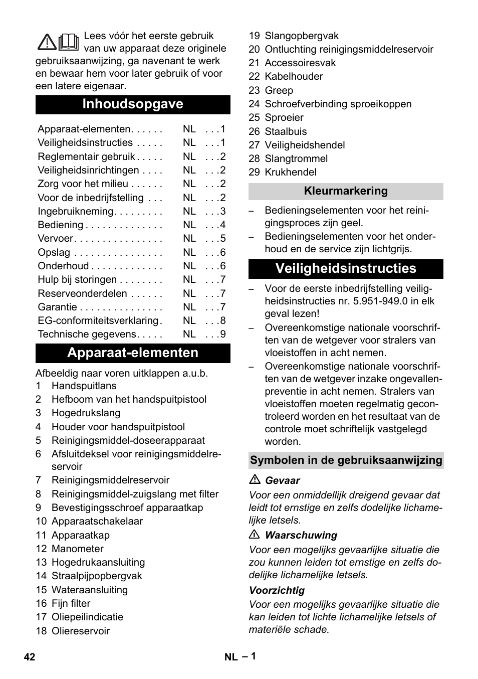 Nederlands, Inhoudsopgave, Apparaat-elementen | Veiligheidsinstructies | Karcher HD 10-21 4 SX Plus User Manual | Page 42 / 260