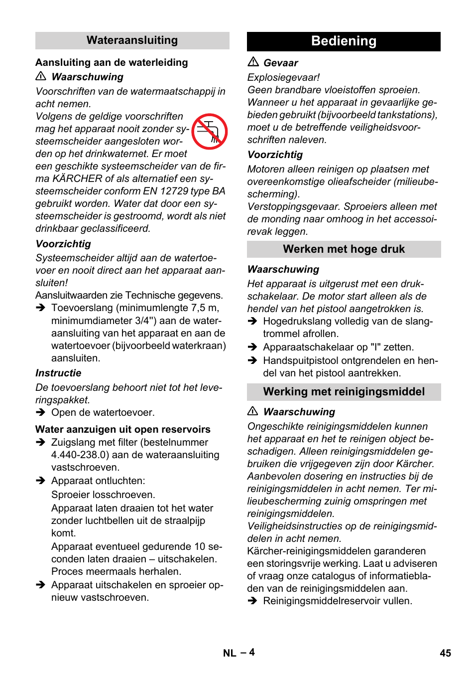 Bediening | Karcher HD 10-21 4 SX Plus User Manual | Page 45 / 260