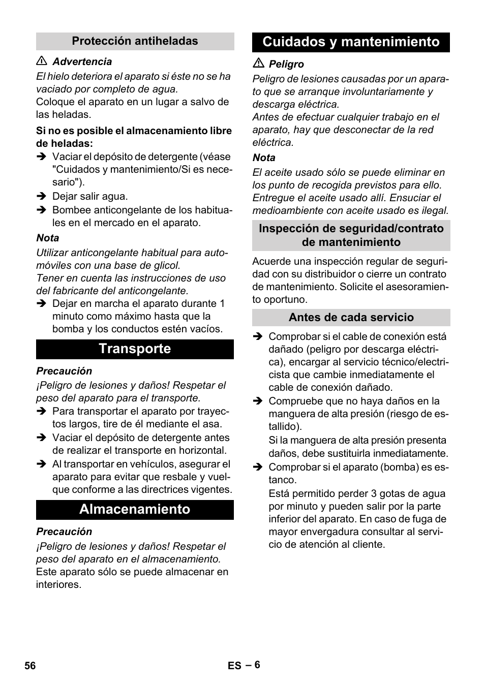 Transporte almacenamiento cuidados y mantenimiento | Karcher HD 10-21 4 SX Plus User Manual | Page 56 / 260