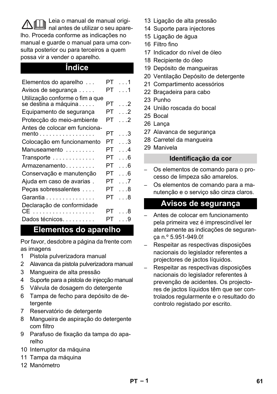 Português, Índice, Elementos do aparelho | Avisos de segurança | Karcher HD 10-21 4 SX Plus User Manual | Page 61 / 260