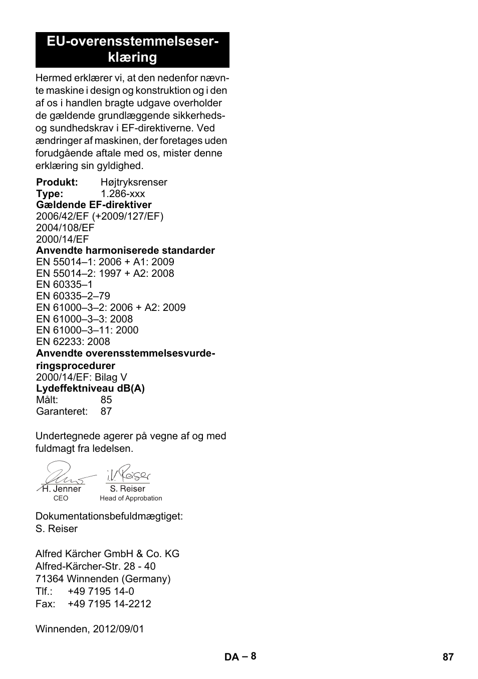 Eu-overensstemmelseser- klæring | Karcher HD 10-21 4 SX Plus User Manual | Page 87 / 260