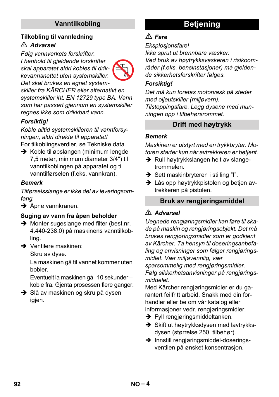 Betjening | Karcher HD 10-21 4 SX Plus User Manual | Page 92 / 260