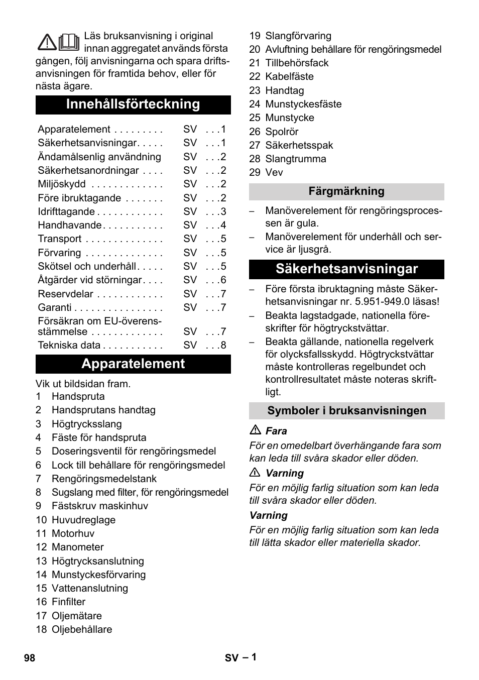 Svenska, Innehållsförteckning, Apparatelement | Säkerhetsanvisningar | Karcher HD 10-21 4 SX Plus User Manual | Page 98 / 260