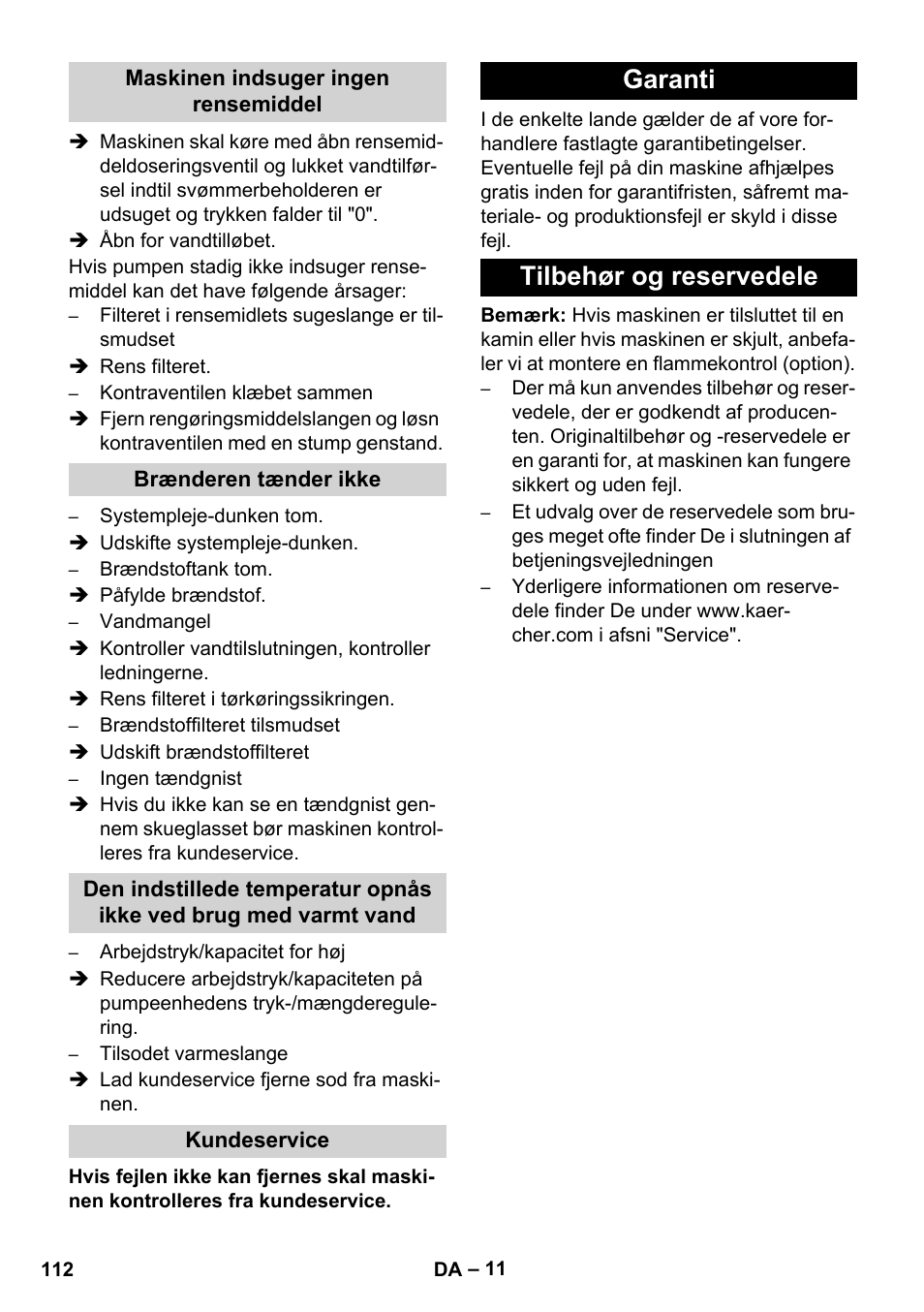 Garanti tilbehør og reservedele | Karcher HDS 11-18 4 S Basic User Manual | Page 112 / 376