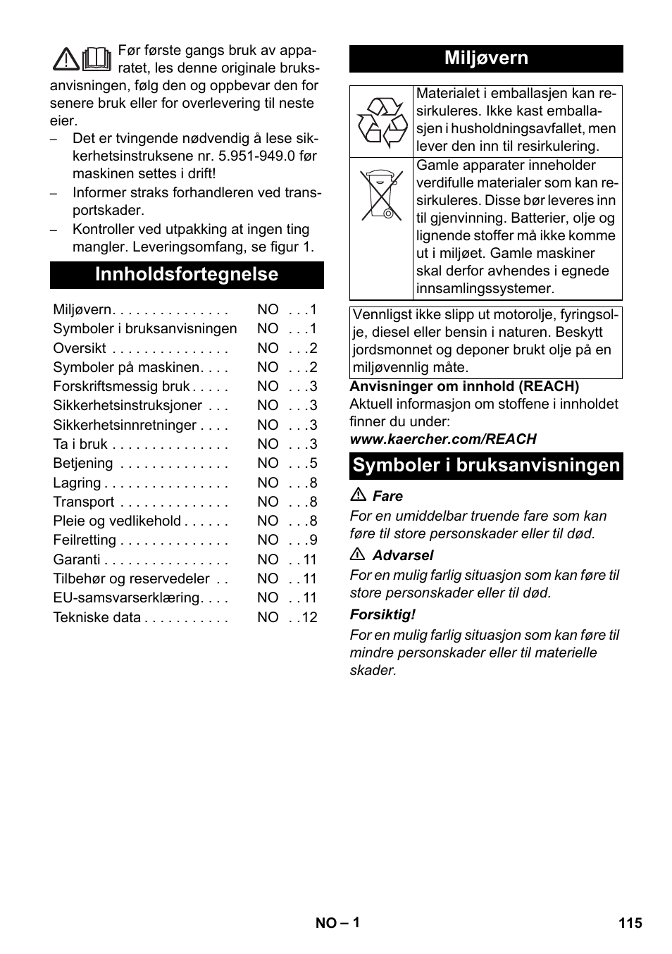 Norsk, Innholdsfortegnelse, Miljøvern | Symboler i bruksanvisningen | Karcher HDS 11-18 4 S Basic User Manual | Page 115 / 376