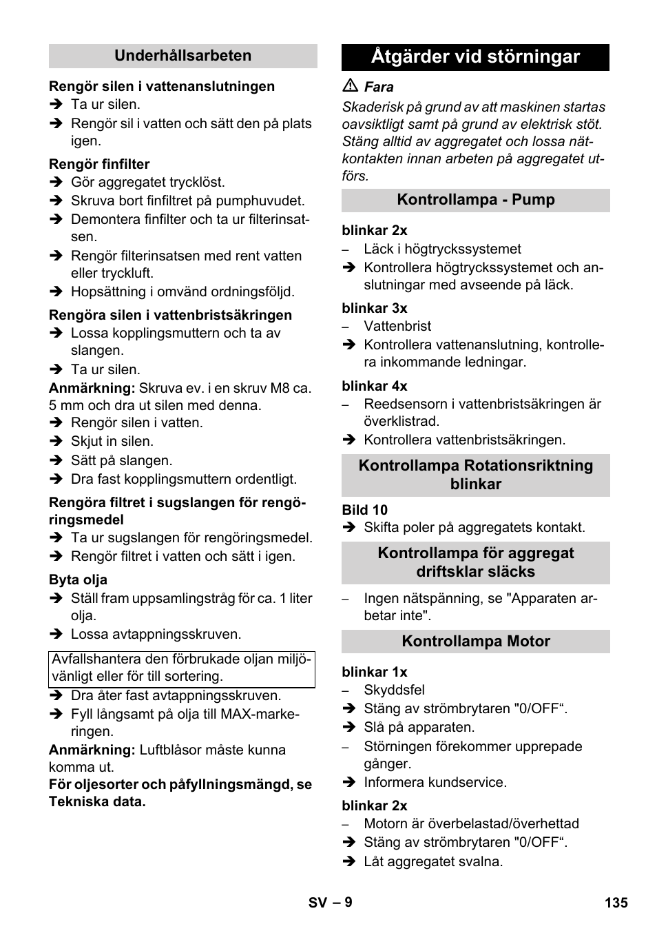 Åtgärder vid störningar | Karcher HDS 11-18 4 S Basic User Manual | Page 135 / 376