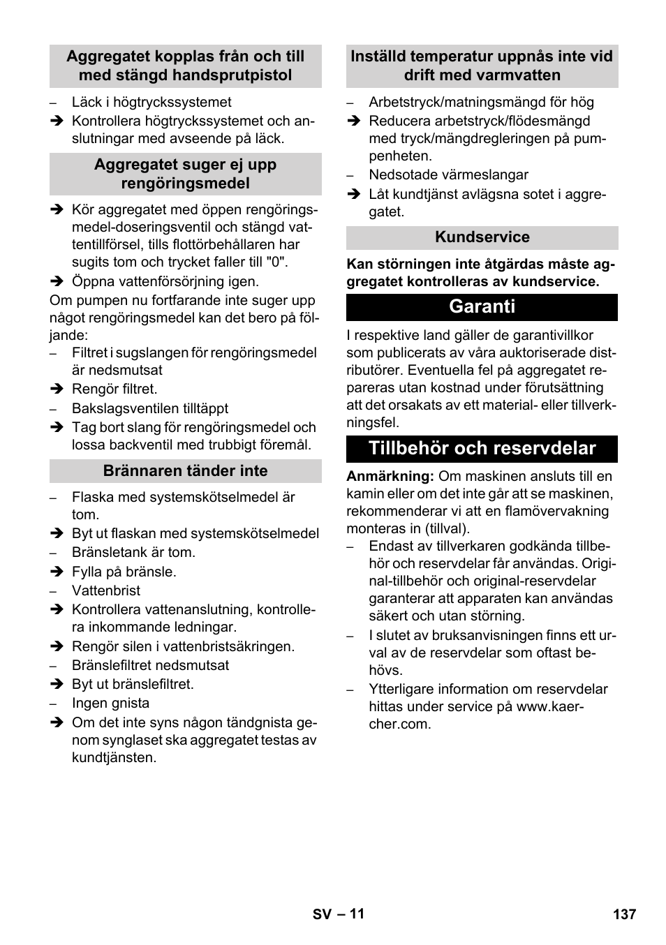 Garanti tillbehör och reservdelar | Karcher HDS 11-18 4 S Basic User Manual | Page 137 / 376