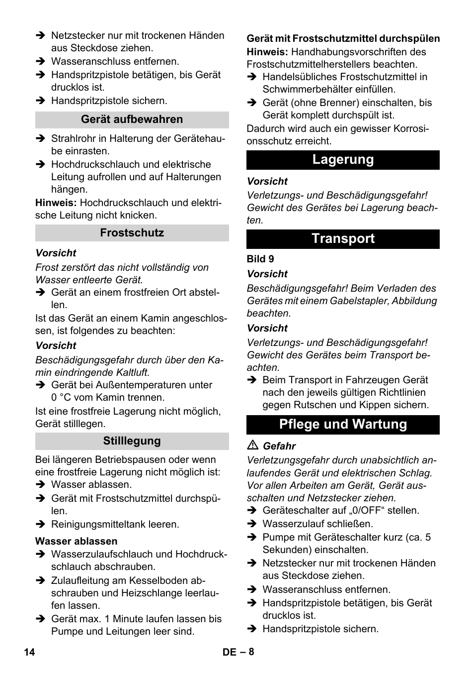 Lagerung transport pflege und wartung | Karcher HDS 11-18 4 S Basic User Manual | Page 14 / 376