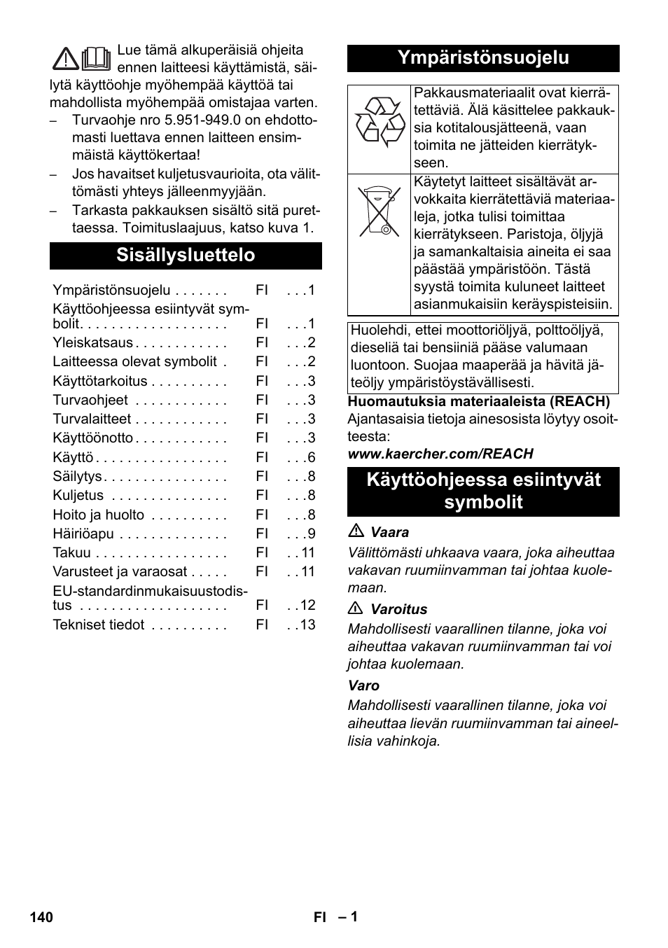 Suomi, Sisällysluettelo, Ympäristönsuojelu | Käyttöohjeessa esiintyvät symbolit | Karcher HDS 11-18 4 S Basic User Manual | Page 140 / 376