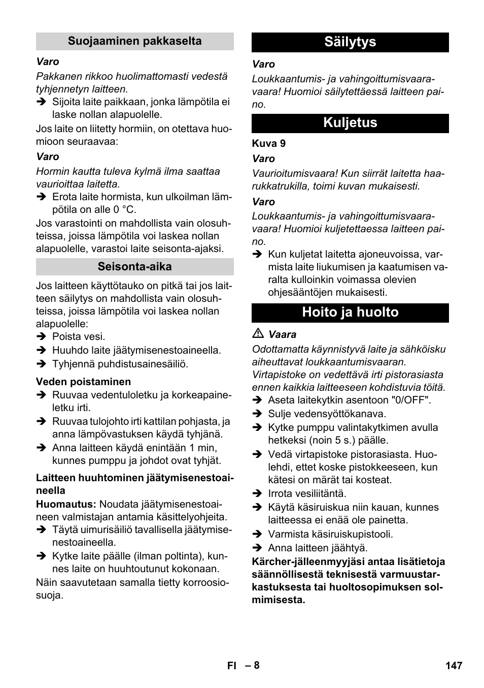 Säilytys kuljetus hoito ja huolto | Karcher HDS 11-18 4 S Basic User Manual | Page 147 / 376