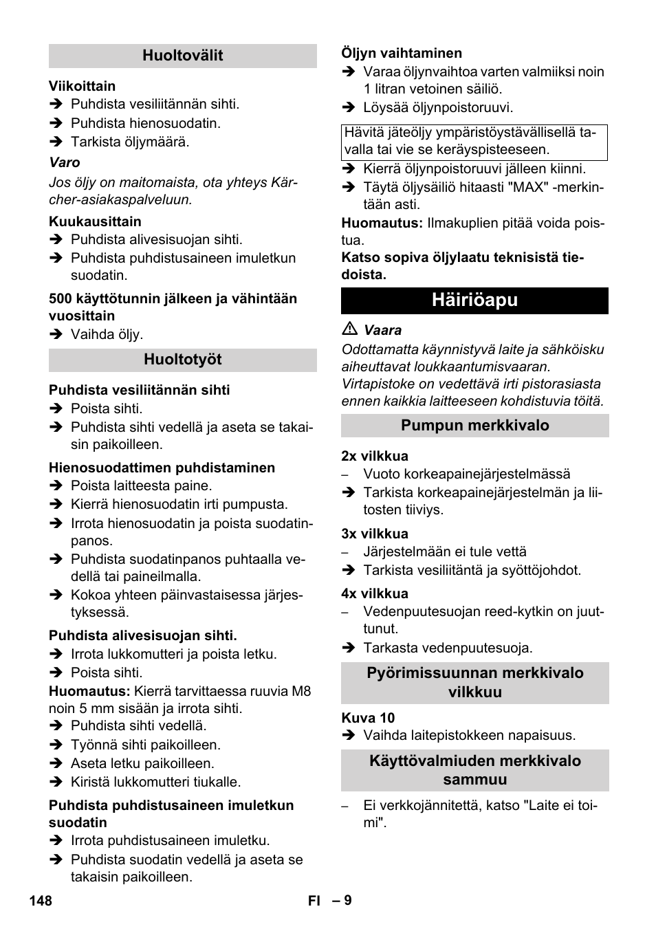 Häiriöapu | Karcher HDS 11-18 4 S Basic User Manual | Page 148 / 376