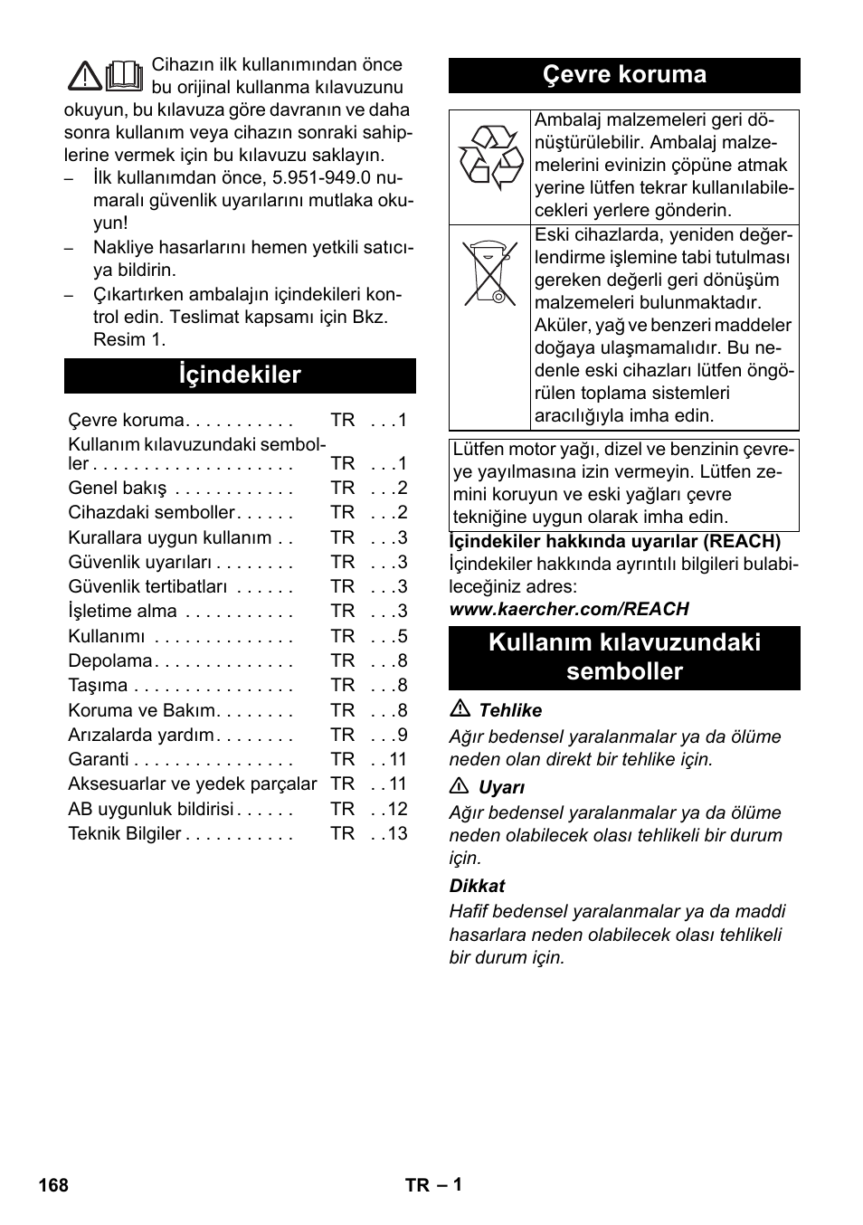 Türkçe, Içindekiler, Çevre koruma | Kullanım kılavuzundaki semboller | Karcher HDS 11-18 4 S Basic User Manual | Page 168 / 376