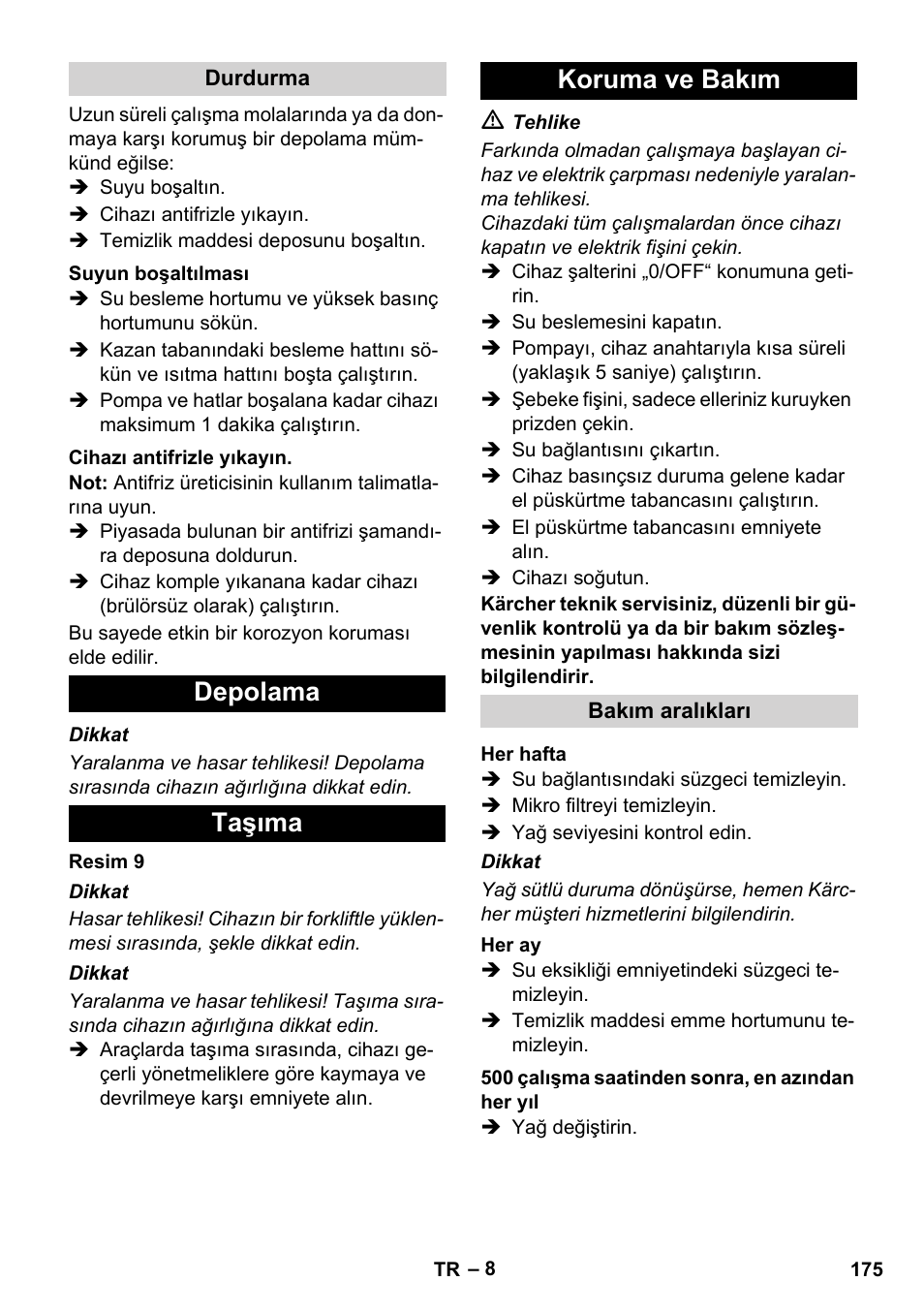 Depolama taşıma koruma ve bakım | Karcher HDS 11-18 4 S Basic User Manual | Page 175 / 376