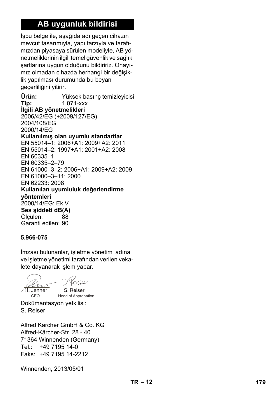 Ab uygunluk bildirisi | Karcher HDS 11-18 4 S Basic User Manual | Page 179 / 376