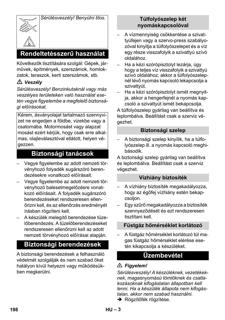 Rendeltetésszerű használat, Biztonsági tanácsok biztonsági berendezések, Üzembevétel | Karcher HDS 11-18 4 S Basic User Manual | Page 198 / 376