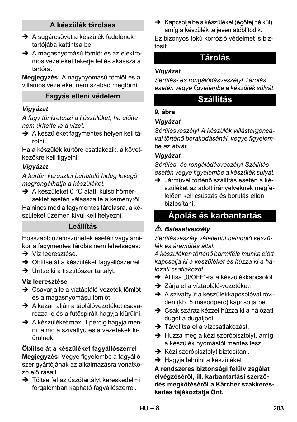 Tárolás szállítás ápolás és karbantartás | Karcher HDS 11-18 4 S Basic User Manual | Page 203 / 376