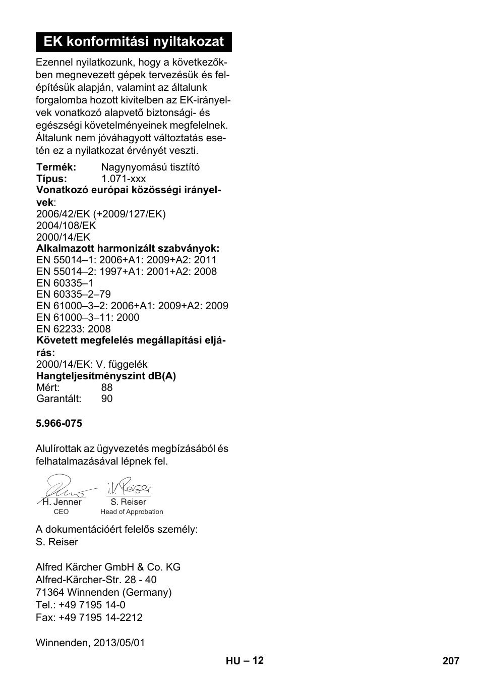 Ek konformitási nyiltakozat | Karcher HDS 11-18 4 S Basic User Manual | Page 207 / 376