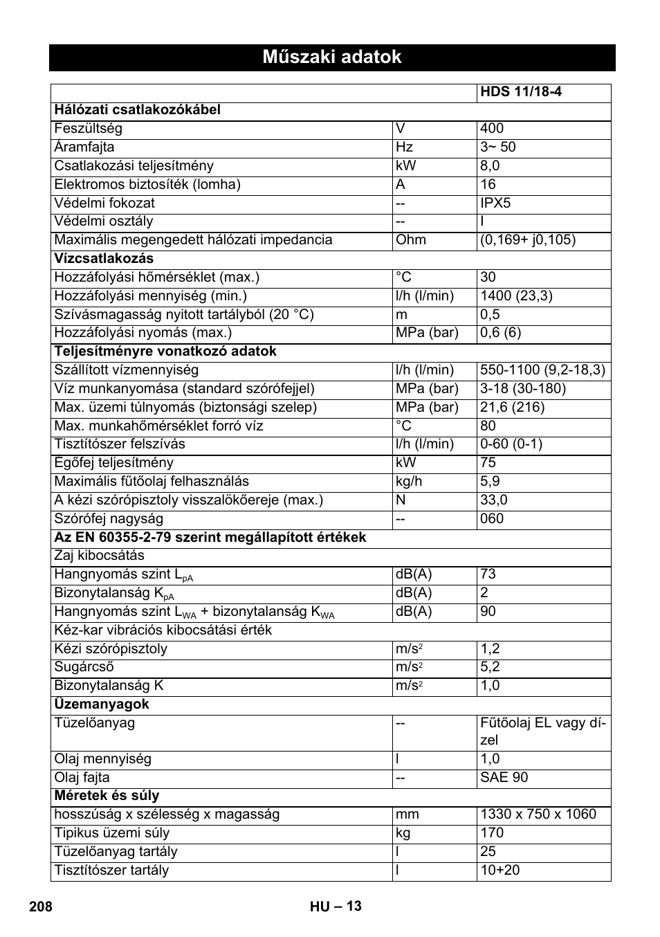 Műszaki adatok | Karcher HDS 11-18 4 S Basic User Manual | Page 208 / 376
