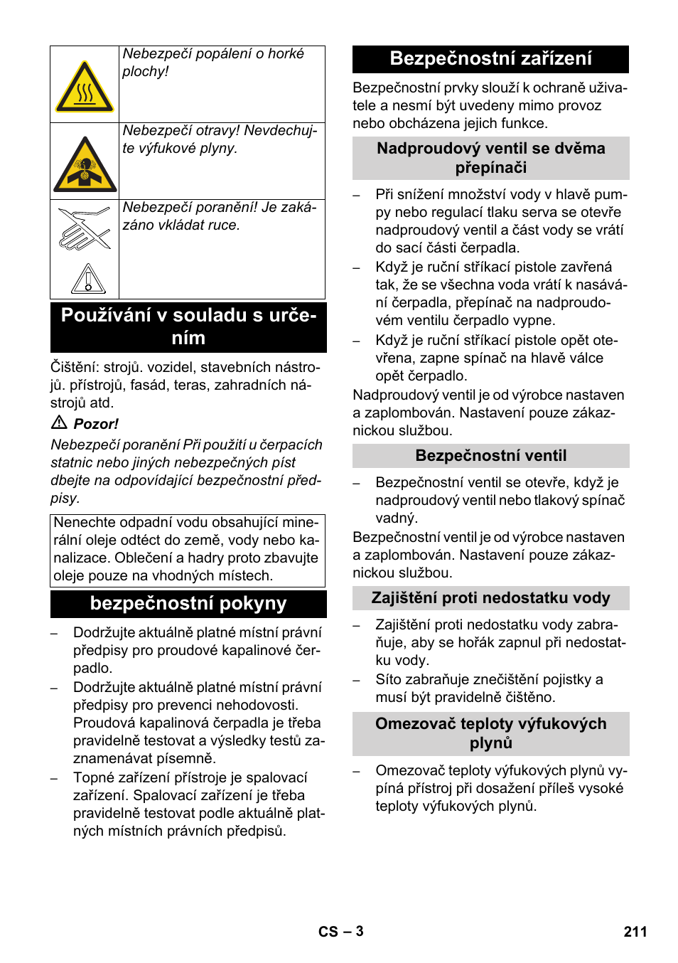 Používání v souladu s urče- ním, Bezpečnostní pokyny bezpečnostní zařízení | Karcher HDS 11-18 4 S Basic User Manual | Page 211 / 376