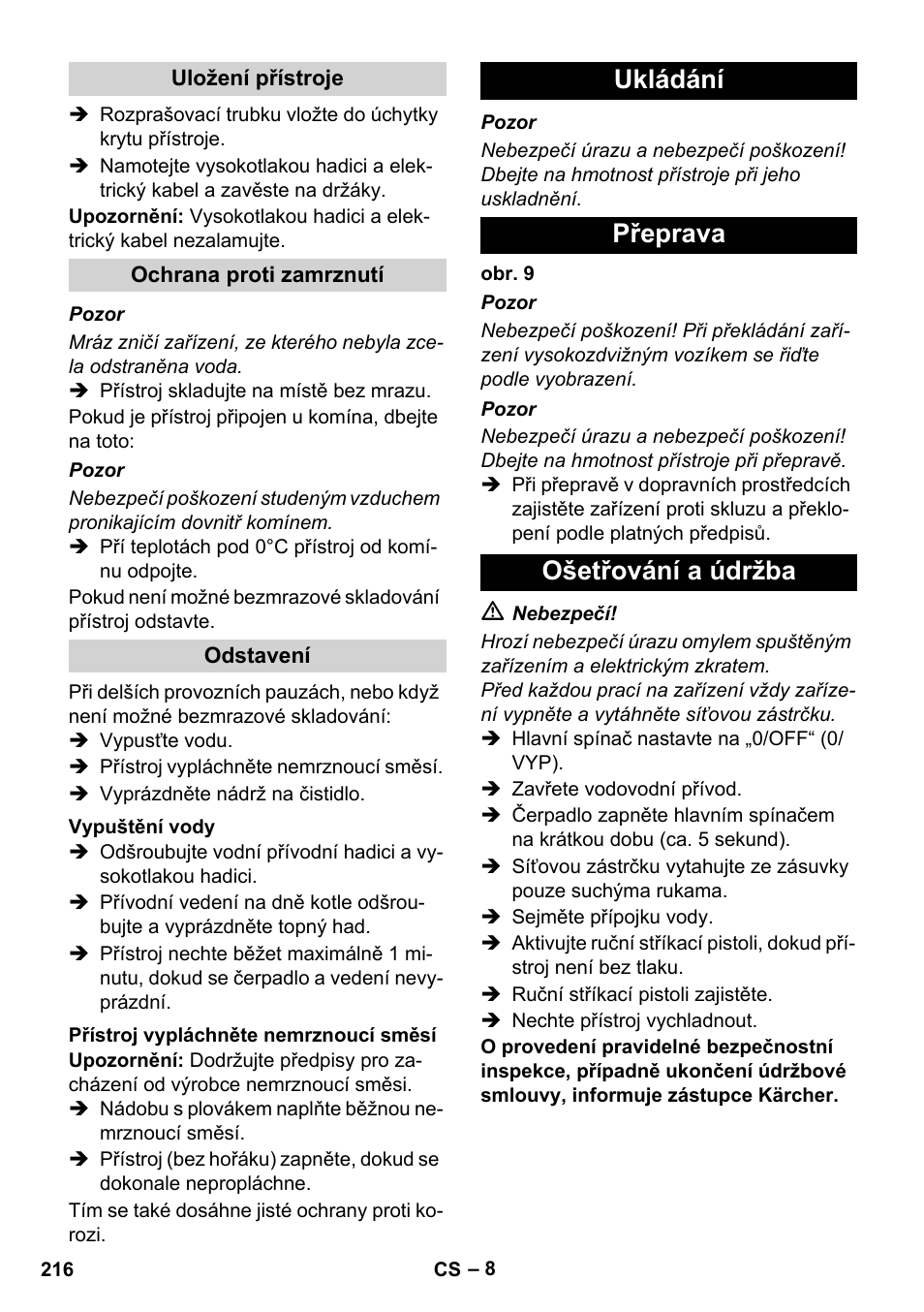 Ukládání přeprava ošetřování a údržba | Karcher HDS 11-18 4 S Basic User Manual | Page 216 / 376