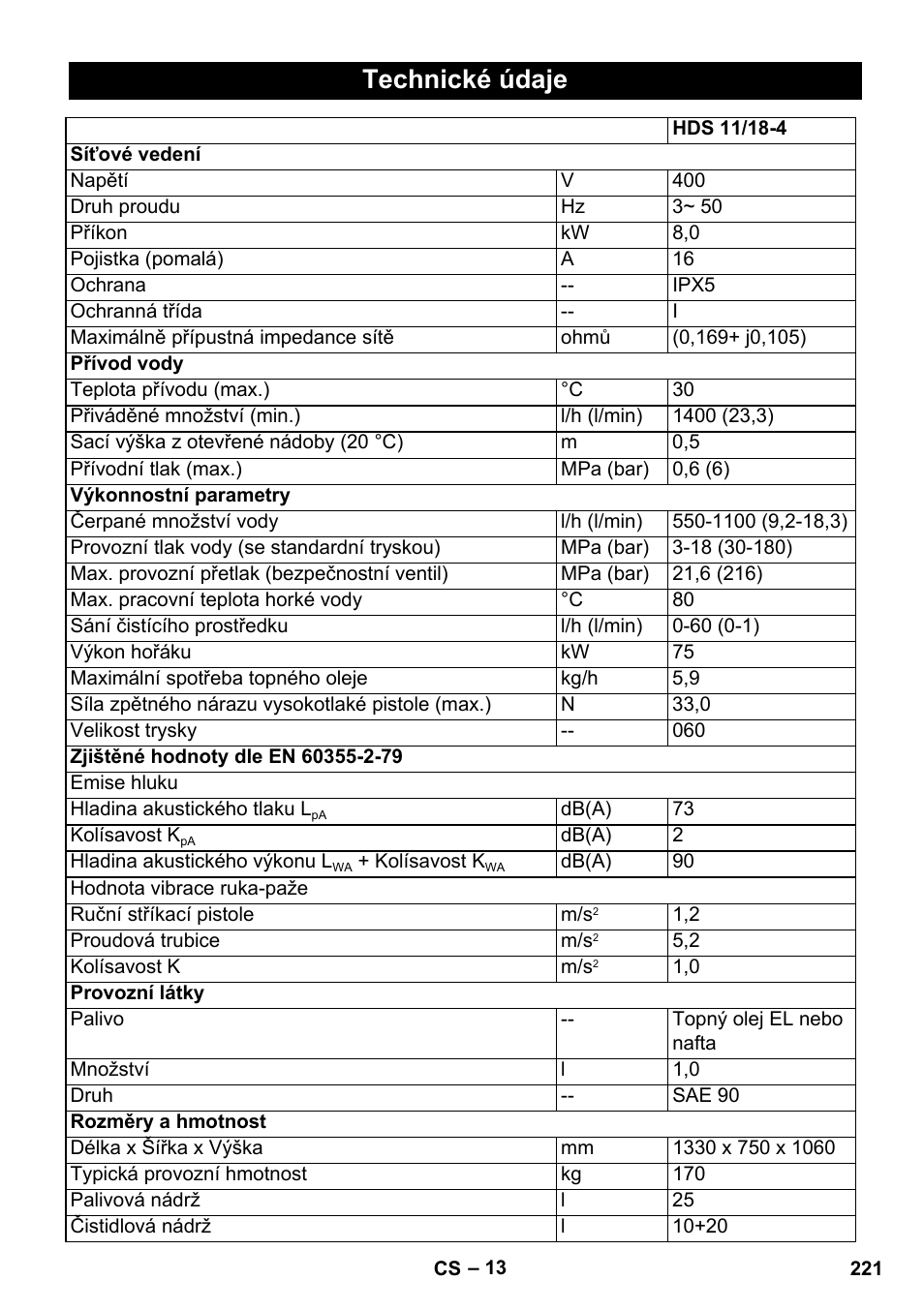 Technické údaje | Karcher HDS 11-18 4 S Basic User Manual | Page 221 / 376