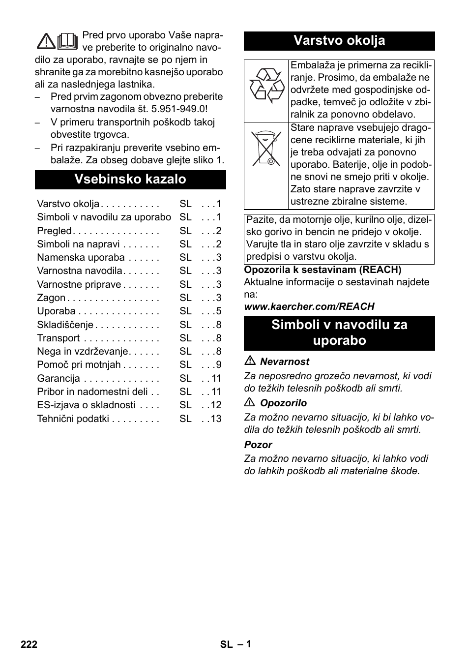 Slovenščina, Vsebinsko kazalo, Varstvo okolja | Simboli v navodilu za uporabo | Karcher HDS 11-18 4 S Basic User Manual | Page 222 / 376