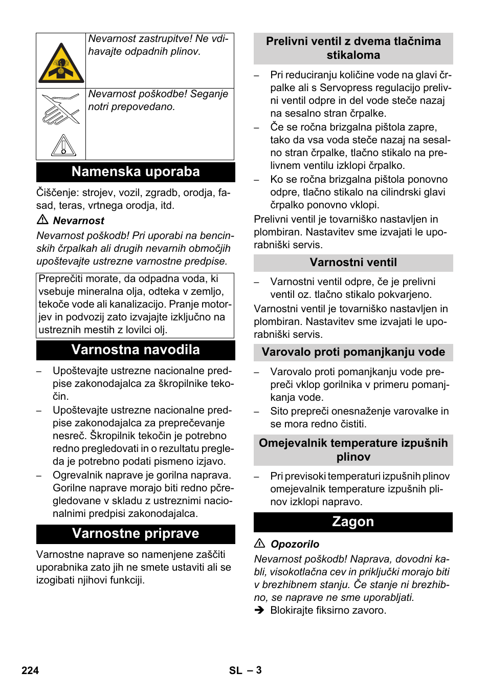 Namenska uporaba, Varnostna navodila varnostne priprave, Zagon | Karcher HDS 11-18 4 S Basic User Manual | Page 224 / 376